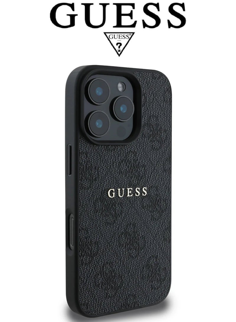 CG MOBILE IPhone 16 Pro Max cover,supports MagSafe wireless charging, with a logo and a leather French design certified in partnership with GUESS and CG MOBILE. In Black - Image 4